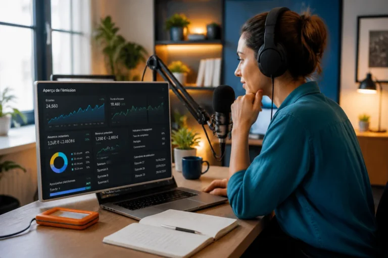 Créateur de podcast analysant les audiences et revenus potentiels sur ordinateur dans un studio moderne équipé.