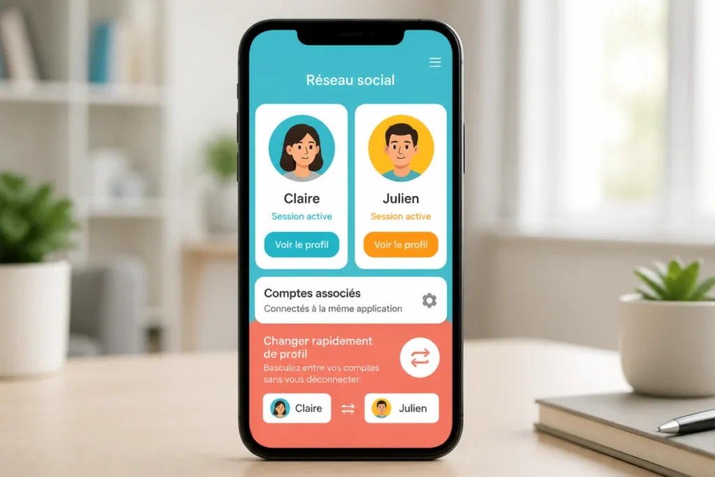 Smartphone affichant deux profils Instagram distincts avec une interface de basculement entre comptes associés et sessions séparées