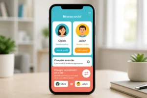 Smartphone affichant deux profils Instagram distincts avec une interface de basculement entre comptes associés et sessions séparées