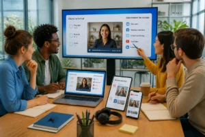 Équipe marketing planifiant une vidéo témoignage client sur ordinateur, tablette et smartphone, avec une cliente satisfaite à l’écran