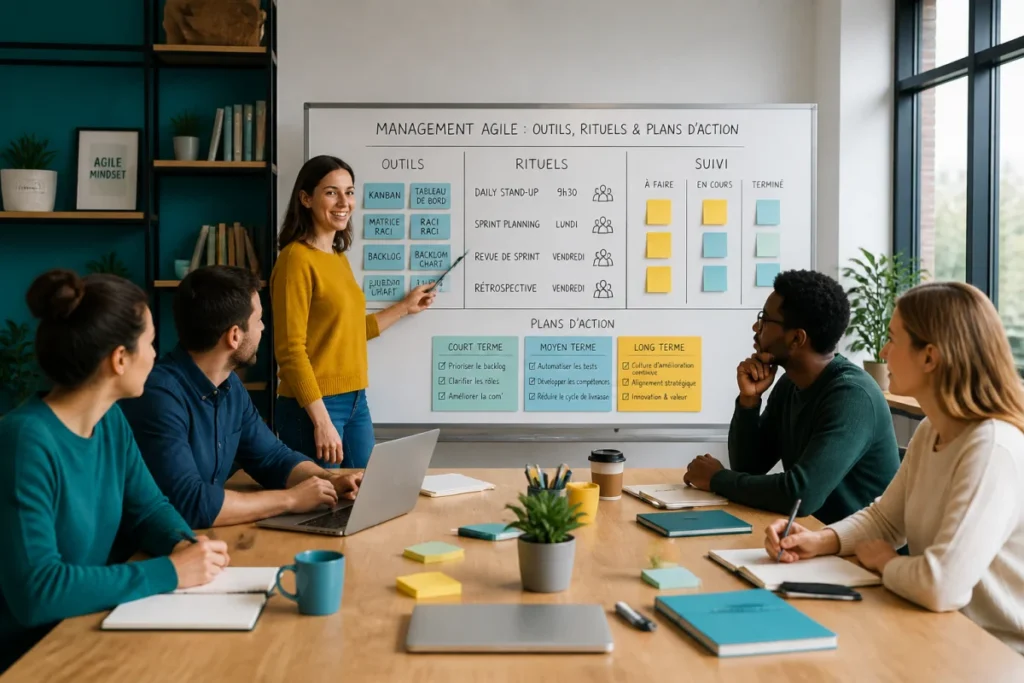 Formation management système AgileFrame en entreprise avec outils agiles, tableau collaboratif et participants en atelier professionnel