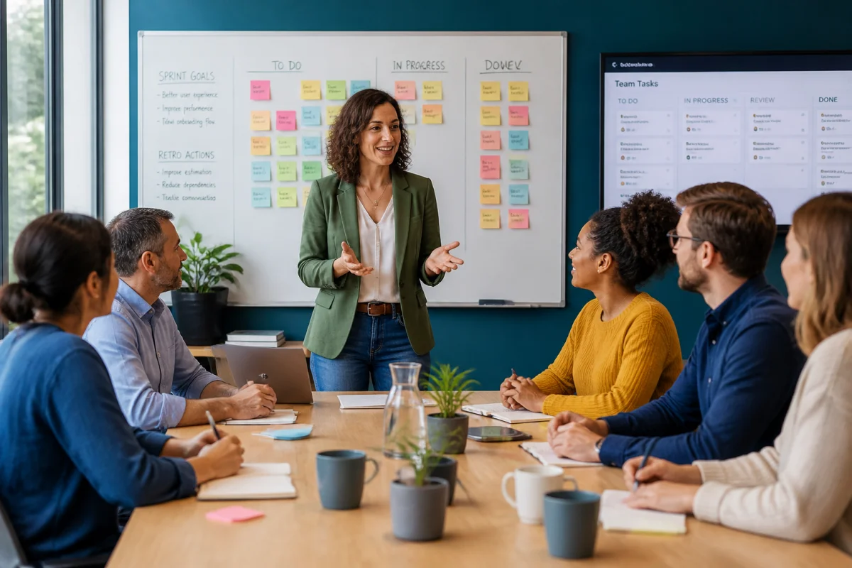 Formation management système AgileFrame lors d’une réunion d’équipe agile collaborative animée par une facilitatrice.