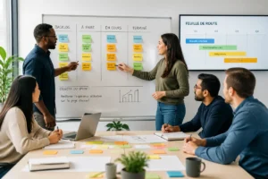 Équipe agile multiculturelle organisant un backlog coloré autour d’un tableau lors d’une formation méthode agile