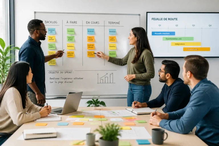 Équipe agile multiculturelle organisant un backlog coloré autour d’un tableau lors d’une formation méthode agile