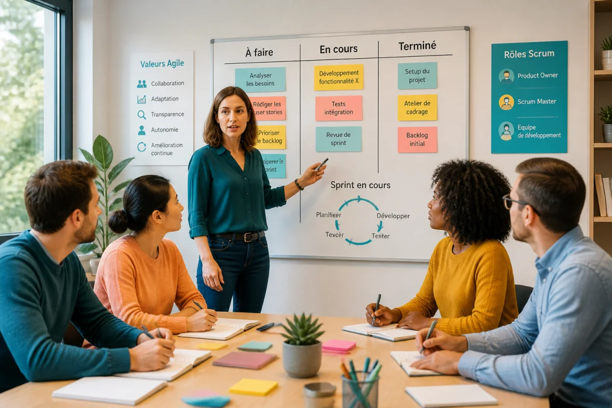 Formation méthode agile Scrum avec formatrice et équipe collaborative devant un tableau Kanban coloré