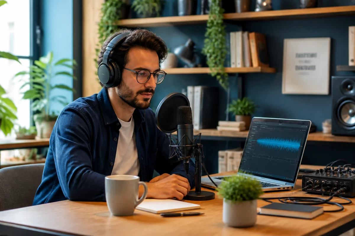Professionnel enregistrant un podcast sur un ordinateur dans un studio lumineux, illustrant les besoins en licence d'entreprise.