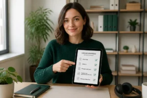 Femme vérifiant une liste de contrôle sur tablette pour la licence d'entreprise de son podcast dans un bureau.