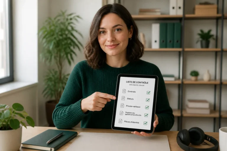 Femme vérifiant une liste de contrôle sur tablette pour la licence d'entreprise de son podcast dans un bureau.