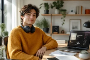 Jeune créateur de contenu avec un casque audio dans un bureau moderne pour illustrer qui a inventé le podcast.