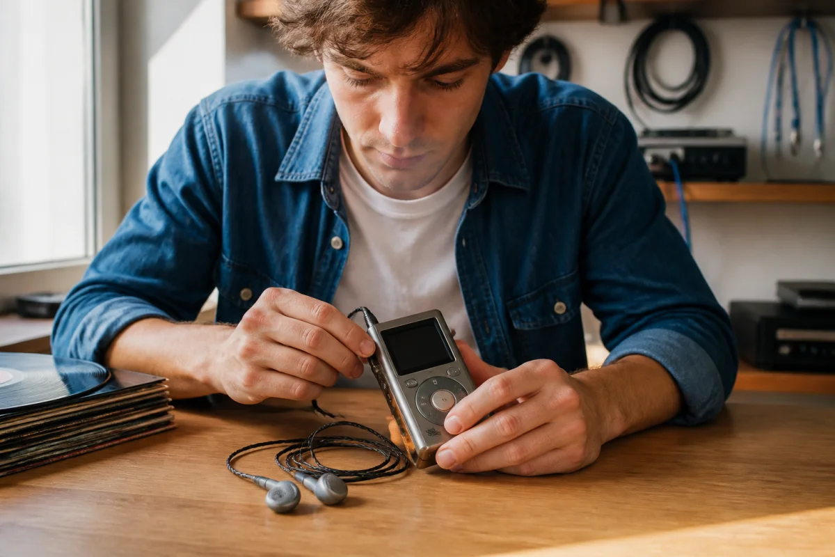 Jeune homme utilisant un ancien lecteur audio numérique vintage sur un bureau en bois pour illustrer qui a inventé le podcast.