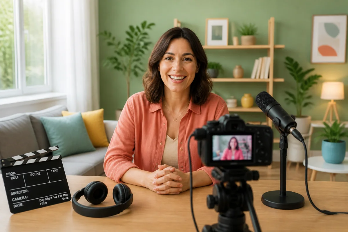 Vidéo témoignage client filmée face caméra dans un salon lumineux, avec microphone, éclairage et caméra visibles