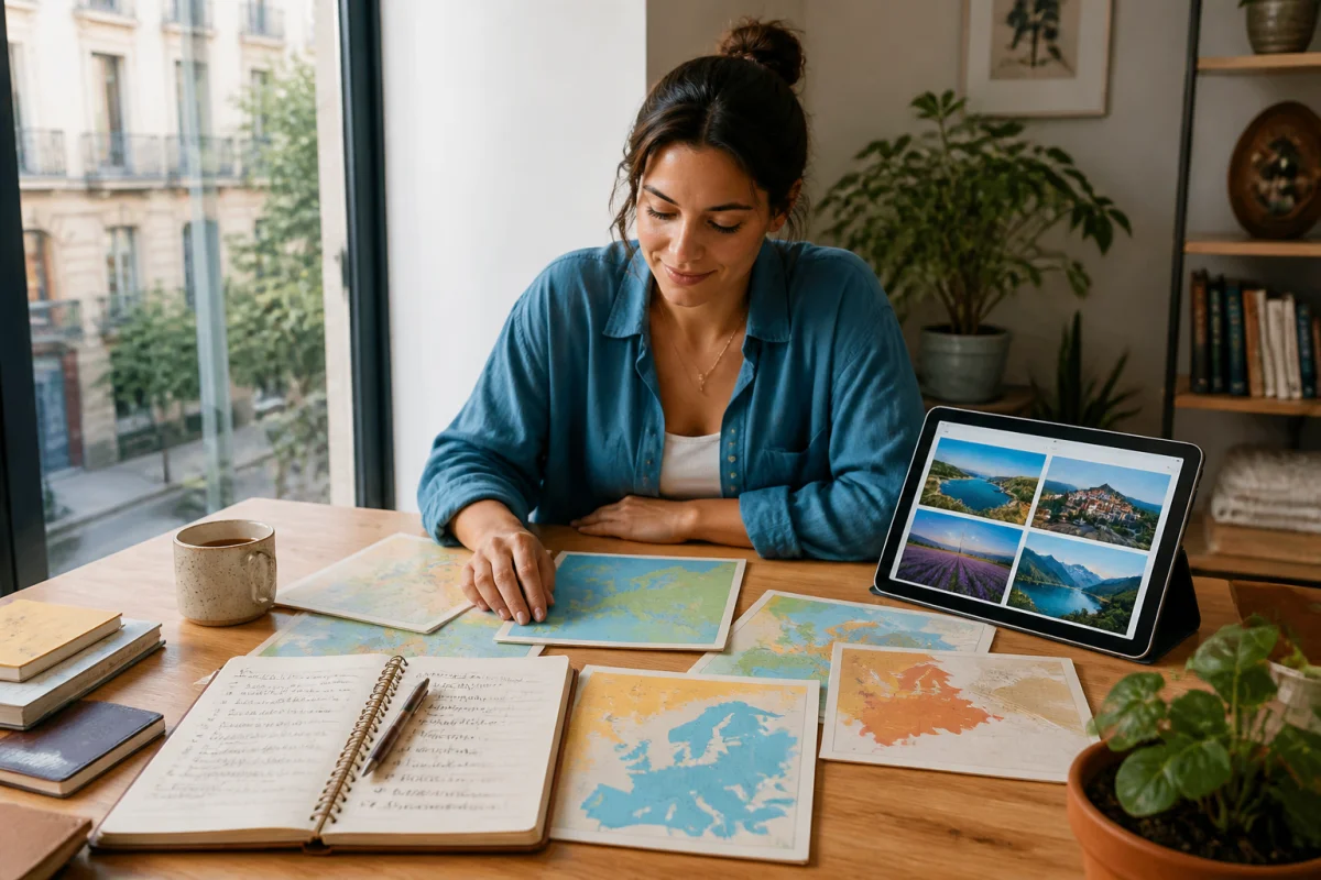 Voyageuse comparant des idées de séjours en France et en Europe avec cartes, fiches et notes autour d’Aleocity