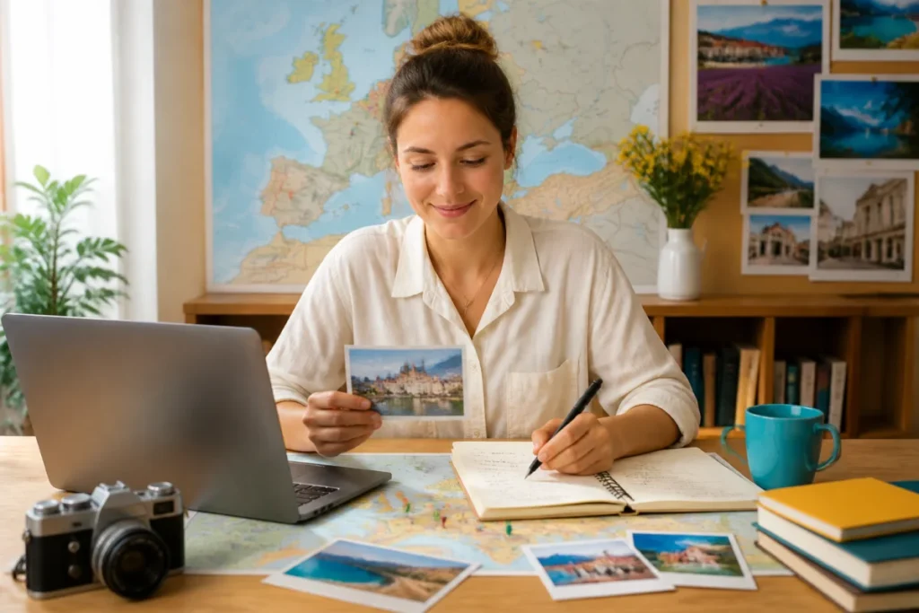 Voyageuse préparant un séjour avec Aleocity, carte de l’Europe, ordinateur portable et idées de destinations autour d’elle