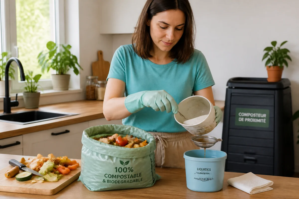 Personne triant des déchets alimentaires et égouttant un récipient dans une cuisine lumineuse pour l’assainissement des déchets alimentaires