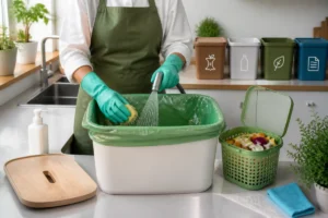 Assainissement des déchets alimentaires : nettoyage d’un bac propre dans une cuisine collective organisée