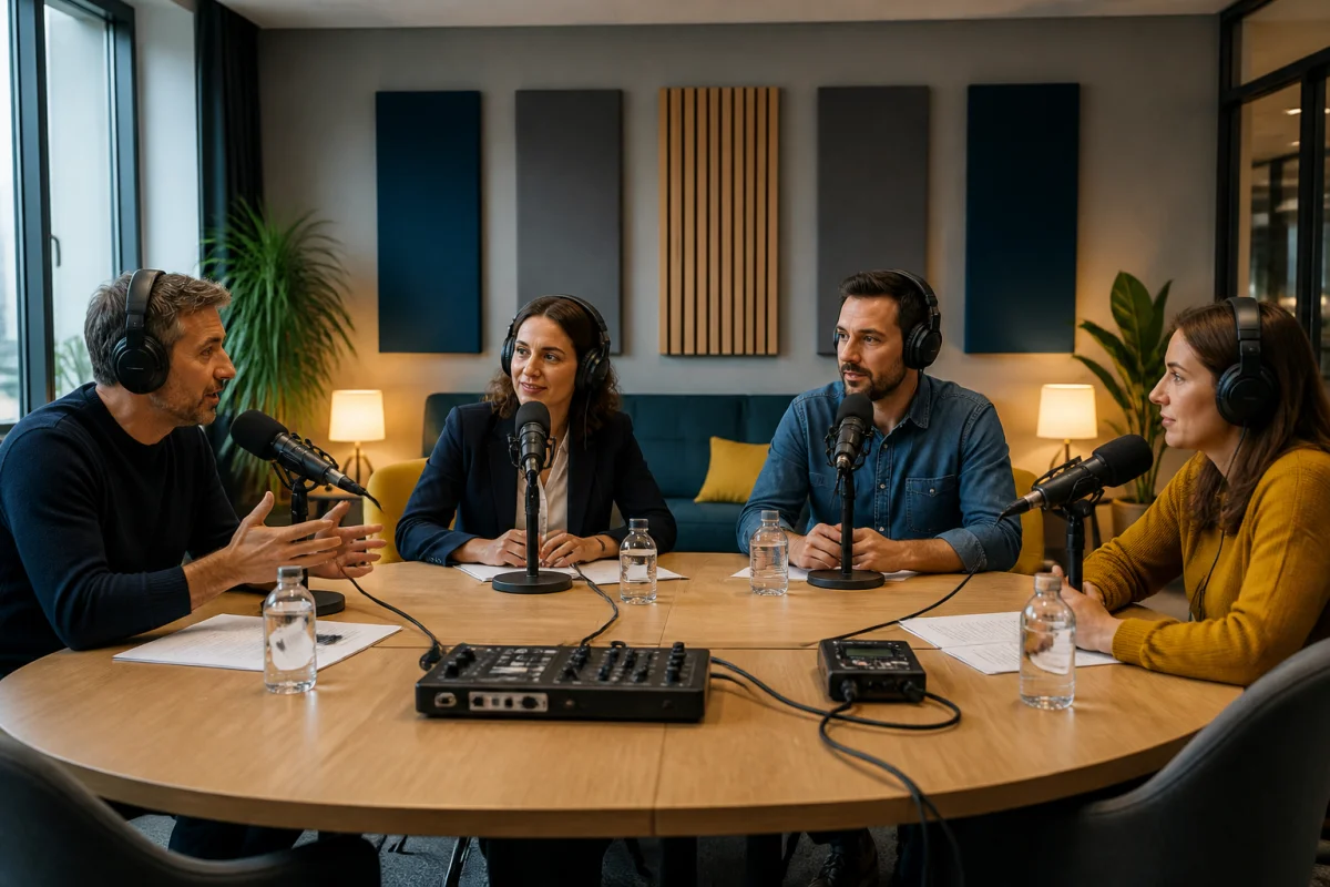 Session d’enregistrement d’un podcast d’entreprise avec quatre participants, microphones professionnels et matériel audio en studio moderne.