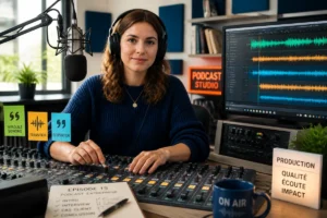Ingénieure du son montant un podcast d’entreprise sur une console audio, avec formes d’onde affichées à l’écran