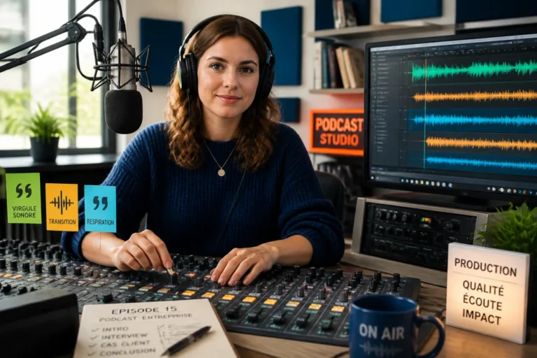 Ingénieure du son montant un podcast d’entreprise sur une console audio, avec formes d’onde affichées à l’écran