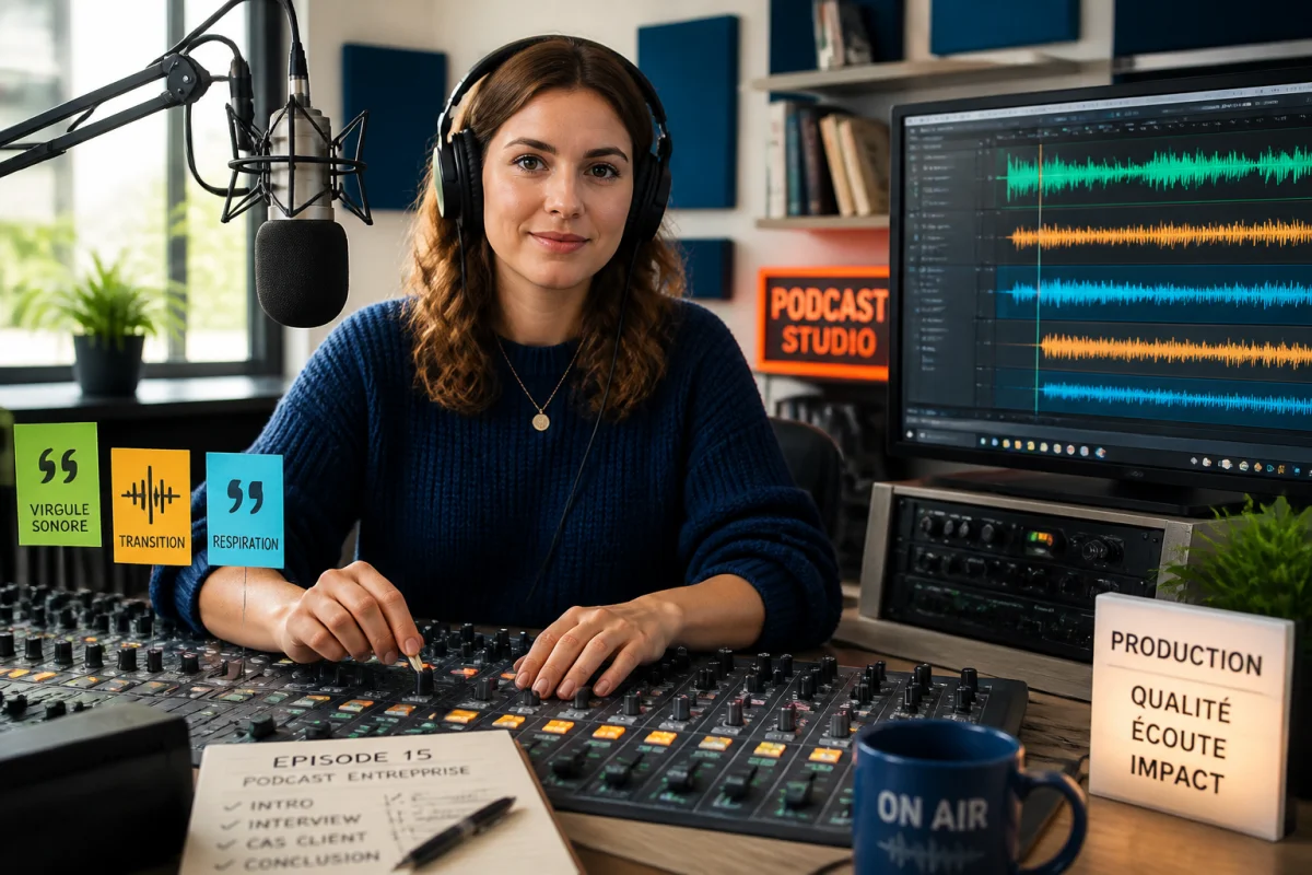 Ingénieure du son montant un podcast d’entreprise sur une console audio, avec formes d’onde affichées à l’écran