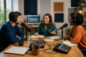 Équipe préparant l’enregistrement d’un podcast de marque dans un studio moderne équipé de microphones et panneaux acoustiques