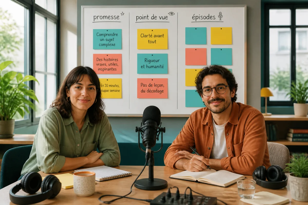 Équipe éditoriale concevant un podcast de marque autour d’un microphone, avec tableau présentant promesse, point de vue et épisodes.