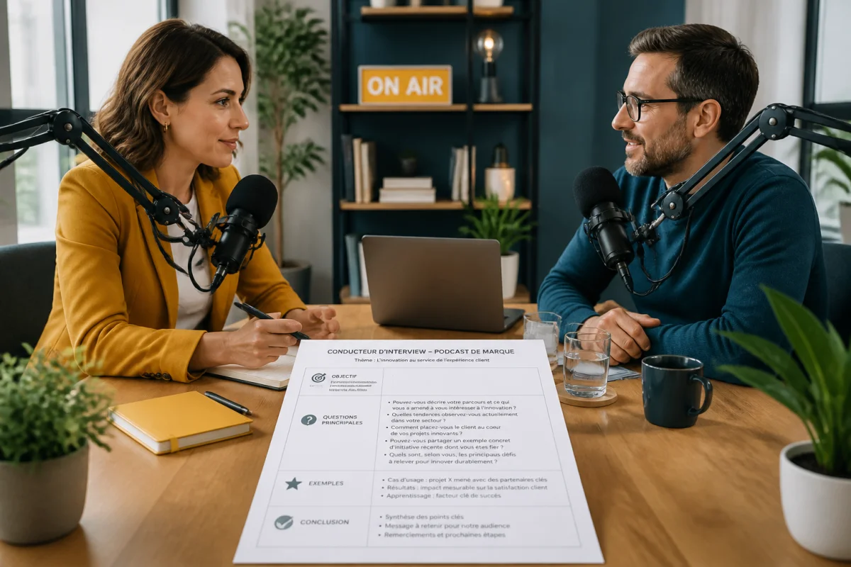 Professionnels préparant un podcast de marque autour d’une table, conducteur d’interview annoté et microphones en studio lumineux