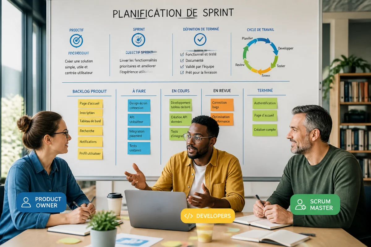 Équipe agile Scrum réunie autour d’un tableau de planification pour la certification méthode agile Scrum Master v3