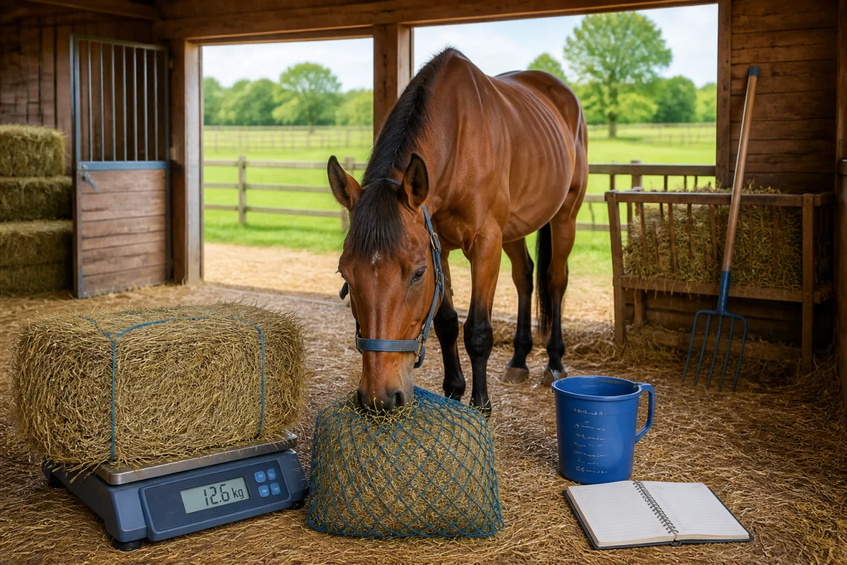 Cheval légèrement amaigri mangeant du foin pesé, illustrant comment faire grossir un cheval en douceur progressivement
