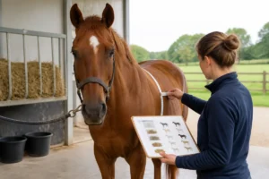 Cheval adulte mesuré par un soigneur, carnet de suivi illustrant une méthode pour faire grossir un cheval en douceur