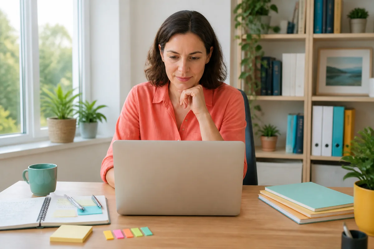 Personne consultant French Does sur un ordinateur portable, entourée de notes organisées dans un bureau lumineux