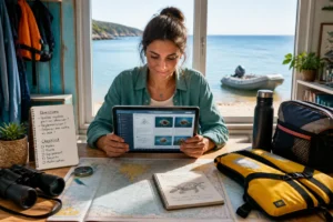 Débutant explorant Greenawaymarine sur tablette, entouré de cartes, boussole et équipements nautiques face à une mer calme.