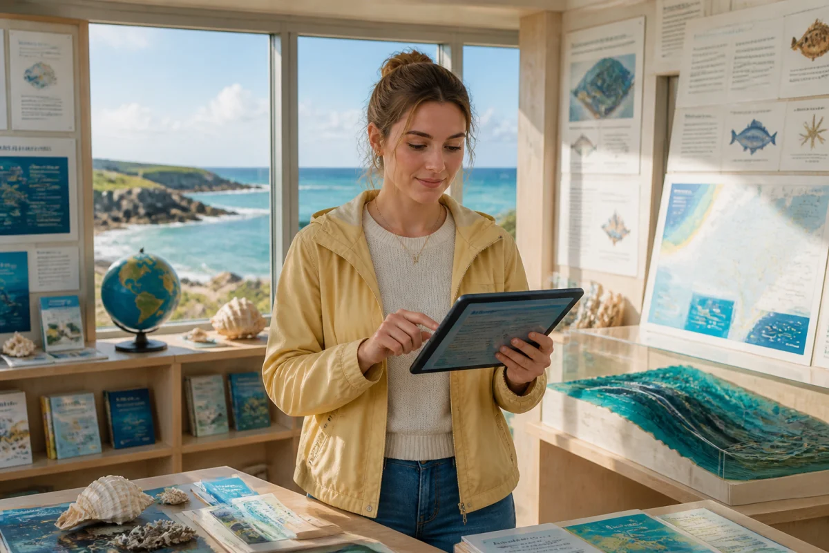 Greenawaymarine dans un centre maritime, une jeune femme consulte une tablette affichant une carte océanographique face à la mer.