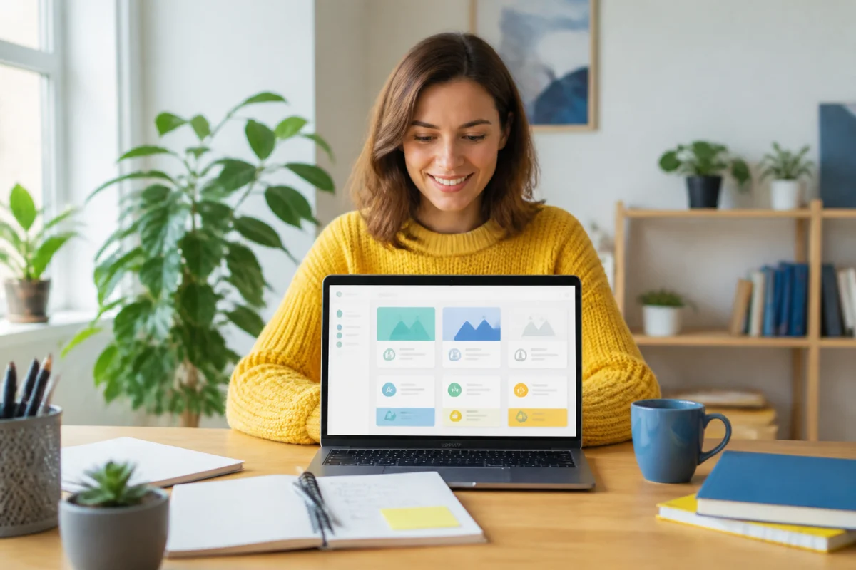 Personne souriante consultant Hadlemans sur un ordinateur portable pour trouver des ressources utiles au quotidien