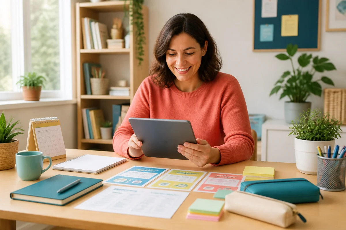 Personne souriante consultant une tablette de ressources pratiques Hadlemans dans un espace de travail lumineux