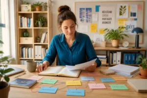 L’Hypothese : personne organisant des idées et projets avec documents, carnet et cartes colorées dans un espace lumineux