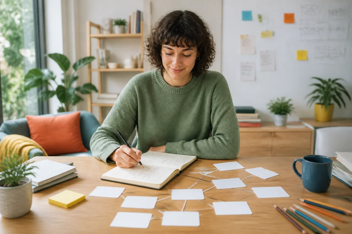 L’Hypothèse illustrée par une personne explorant une idée avec fiches, carnet ouvert et schémas au bureau