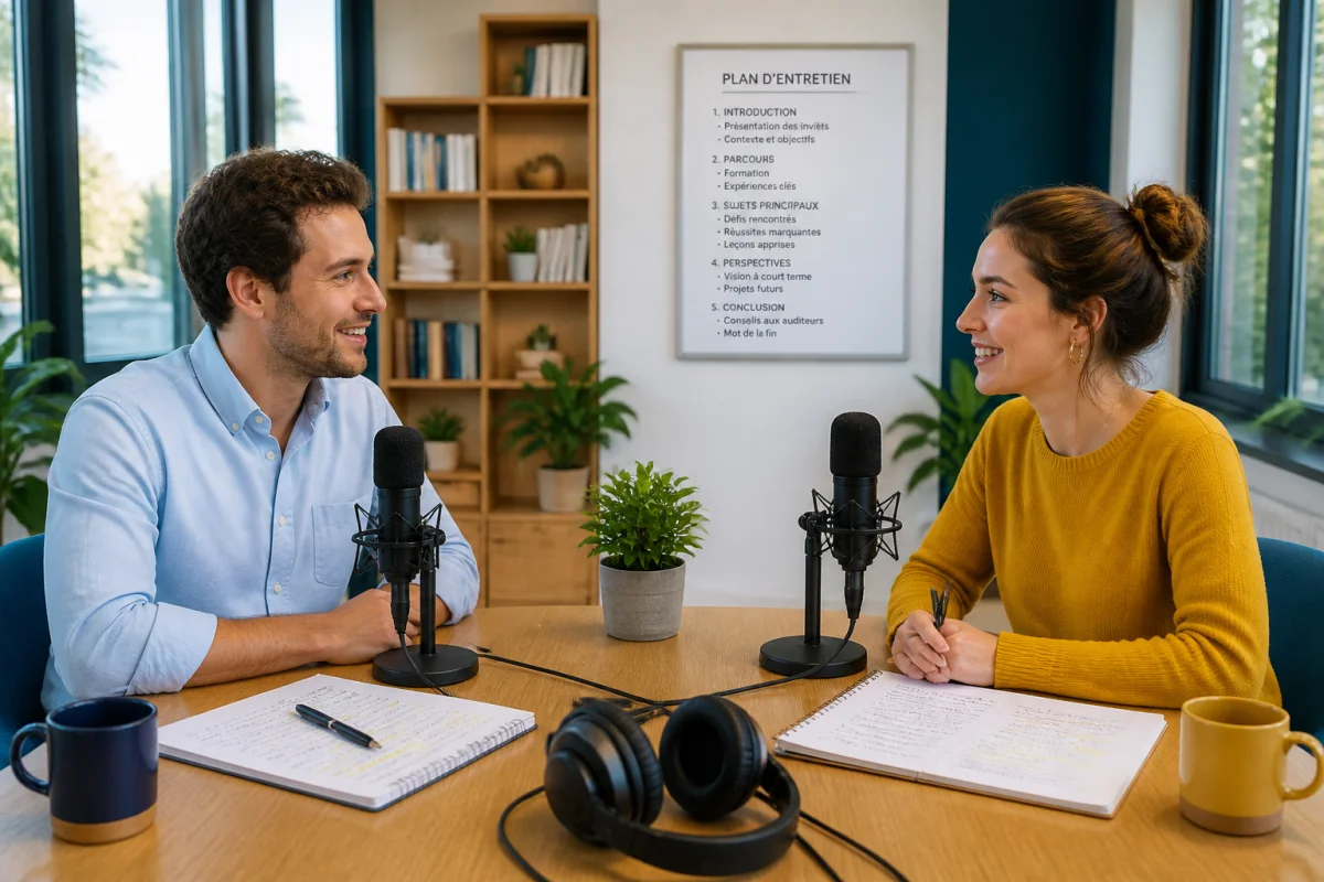 Deux professionnels enregistrent un podcast d’entreprise avec microphones, notes structurées et ambiance contemporaine lumineuse