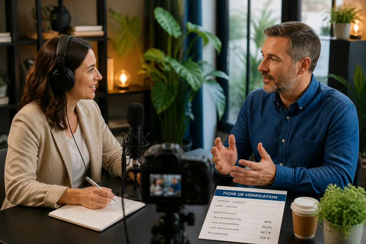 Intervieweuse et client échangent naturellement devant une caméra et un microphone pour réussir une interview de témoignage client.
