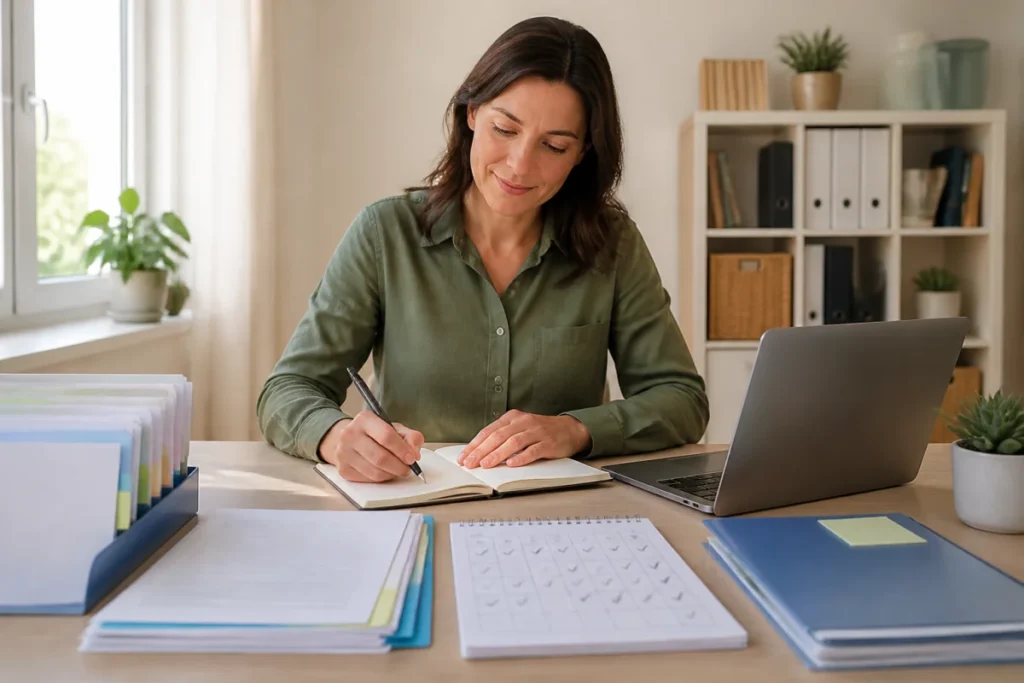 Personne organisant ses démarches administratives avec Justeo, prenant des notes devant un ordinateur et des documents classés