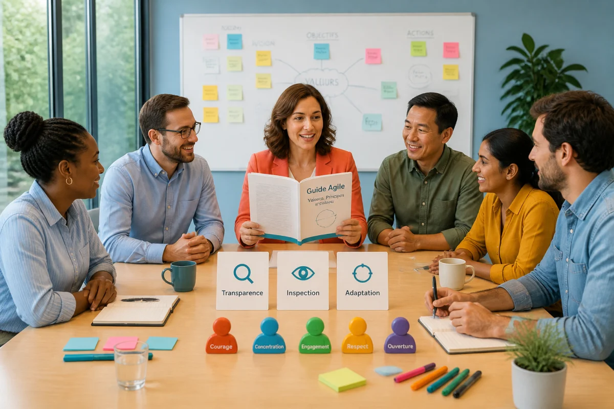 Équipe agile multiculturelle étudiant la méthode agile scrummaster certification v3, avec guide ouvert et cartes de principes