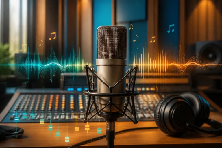 Microphone de studio entouré d’ondes sonores, notes musicales et console audio dans un environnement professionnel chaleureux