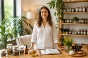 Naturheilpraxis Ehningen : praticienne en santé naturelle accueillant les visiteurs dans un cabinet holistique lumineux, entouré de plantes et d’herbes médicinales.