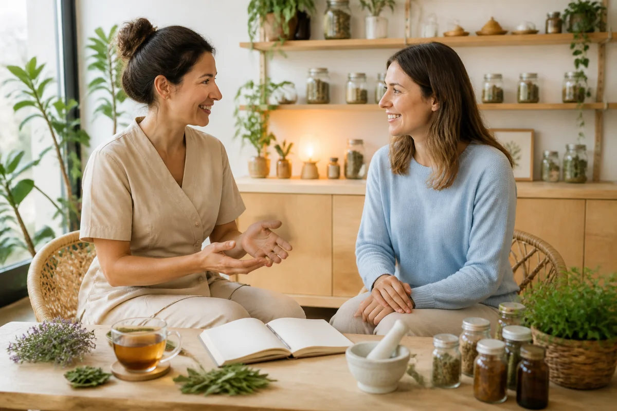 Naturheilpraxis Ehningen : praticienne et patiente échangent autour de plantes médicinales, d’un carnet et d’une infusion.