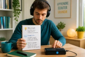Personne au casque prenant des notes pour optimiser l’écoute d’un podcast éducatif à domicile