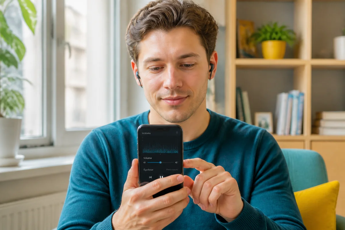 Jeune adulte réglant le volume d’un podcast sur smartphone, écouteurs intra-auriculaires ajustés dans un intérieur lumineux et serein
