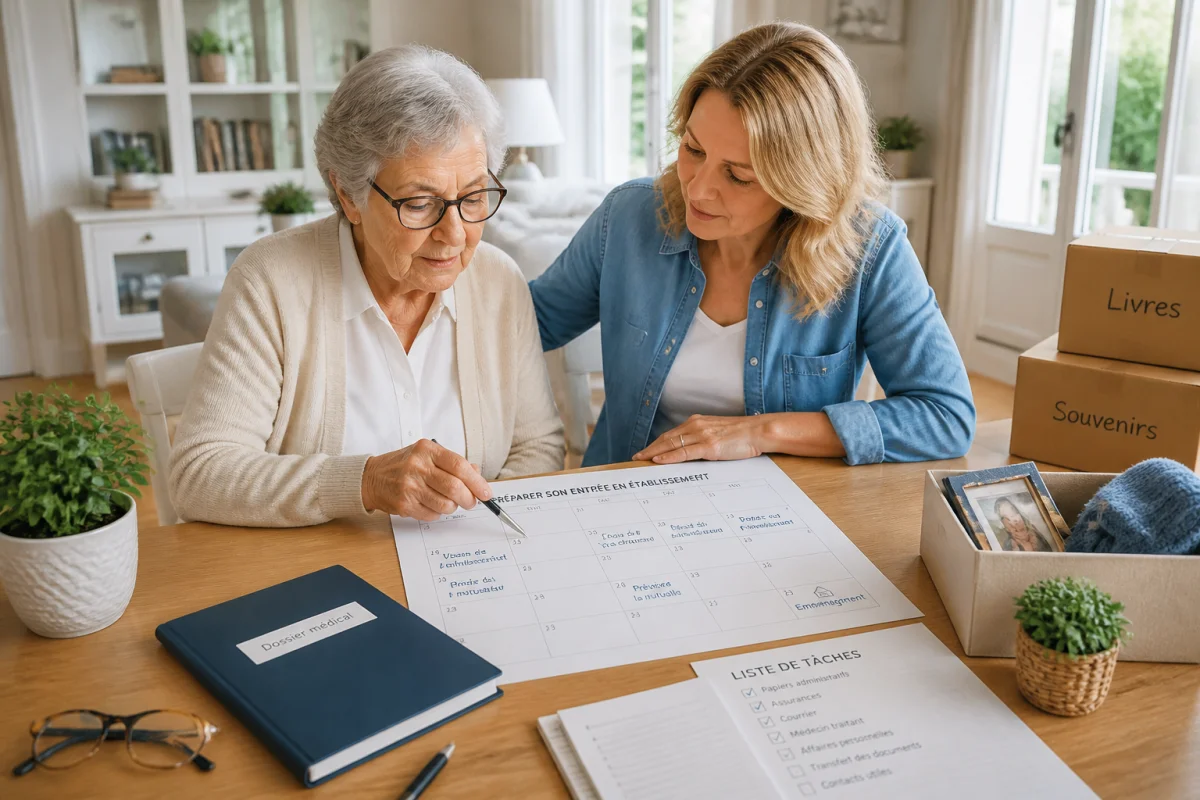 Personne âgée et proche organisant sereinement une prise en charge en EHPAD avec calendrier et documents administratifs