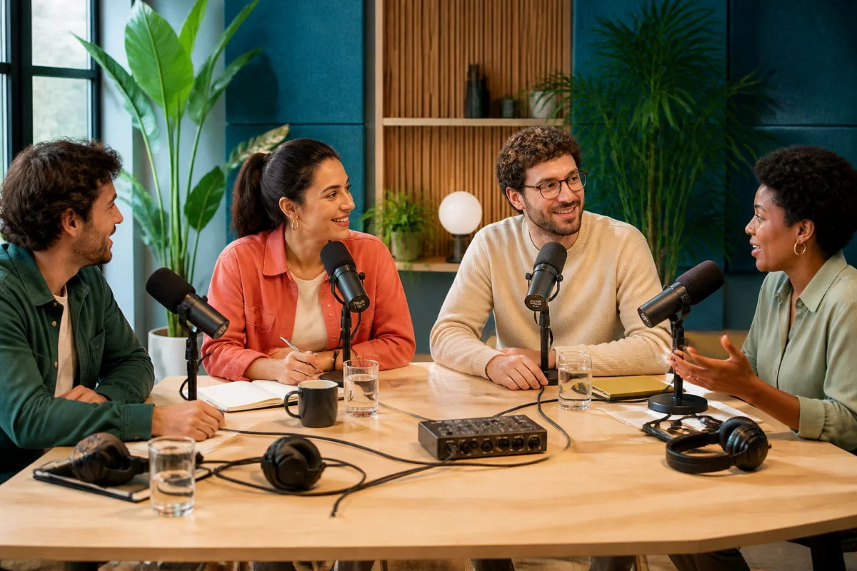 Podcast de marque : animatrice et invités échangent autour de microphones dans un studio chaleureux et contemporain