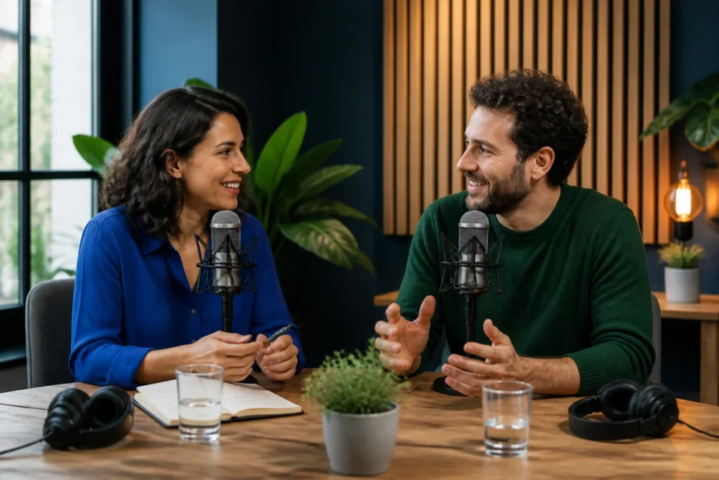 Deux collaborateurs échangent devant des microphones dans un studio chaleureux, illustrant un podcast de marque authentique et engageant