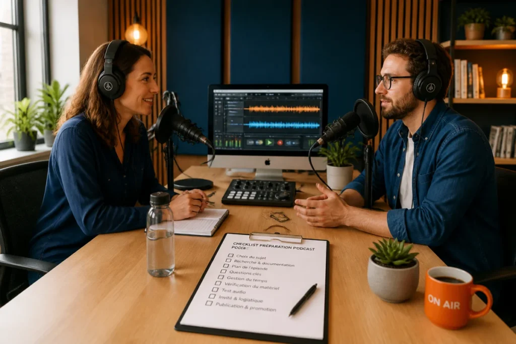 Deux professionnels enregistrent un podcast de marque avec microphones, casques audio et ordinateur affichant des pistes sonores