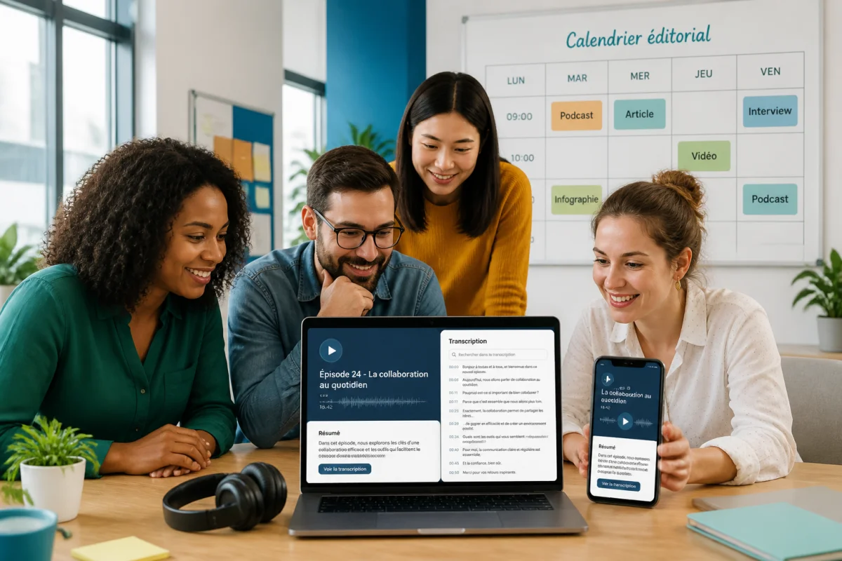 Équipe diverse consultant un podcast interne entreprise avec transcription sur ordinateur et smartphone, dans un espace collaboratif lumineux